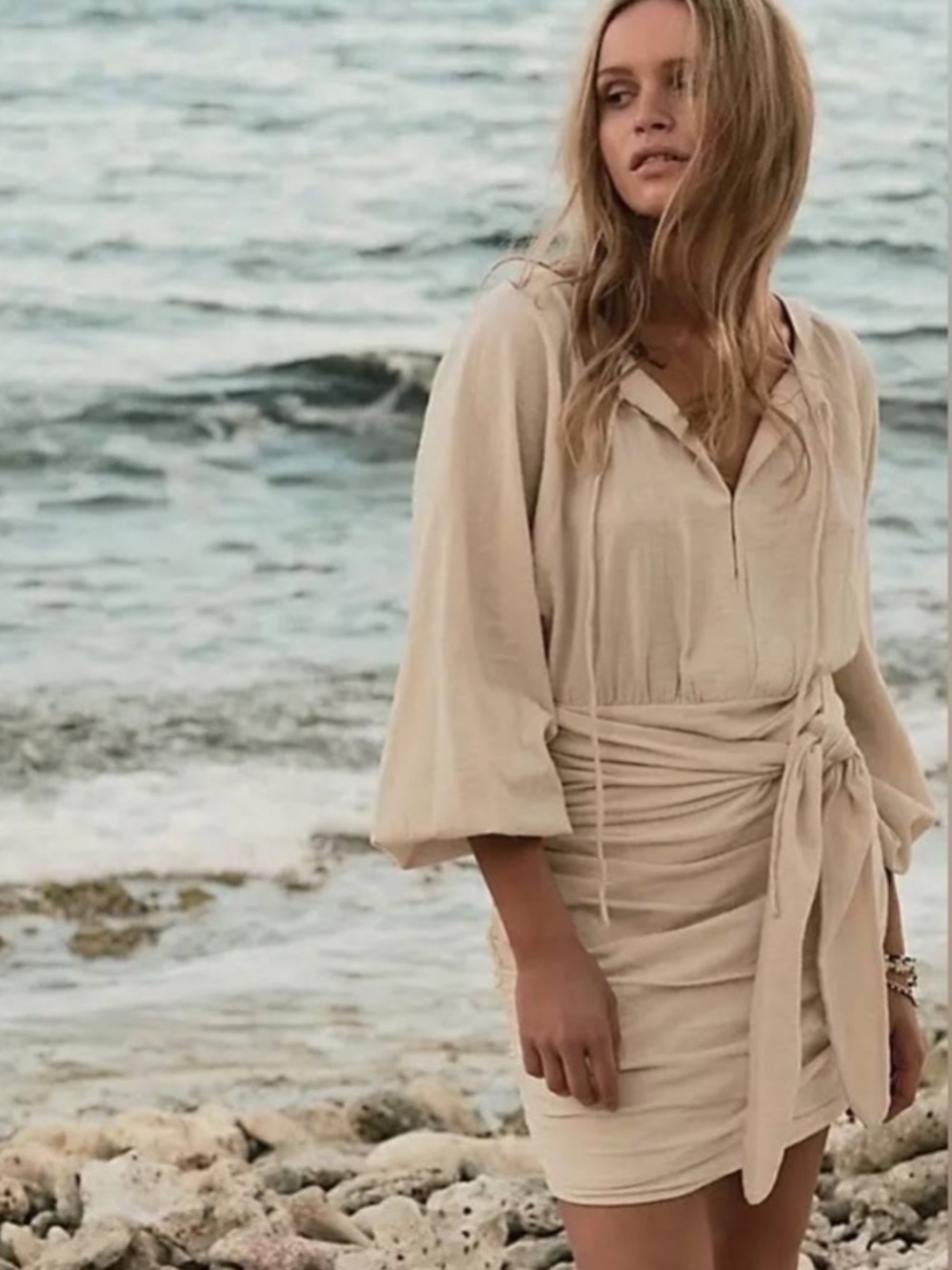 Free People Cream Gauzy Long Sleeve Ruched Mini Dress